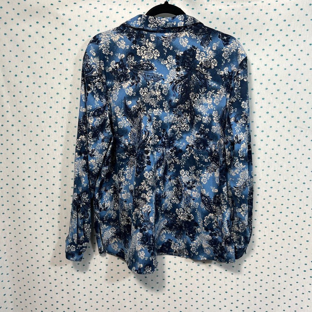 Cascade Blue Petite Blue & Cream Floral Paisley Print Long Sleeve Button Down - Picture 3 of 5